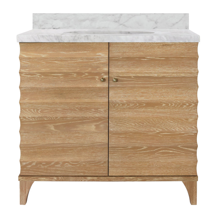 Bath Vanity With Horizontal Fluted Detail In Cerused Oak With White Marble Top, Porcelain Sink, And Polished Brass Knobs - RHODES CO