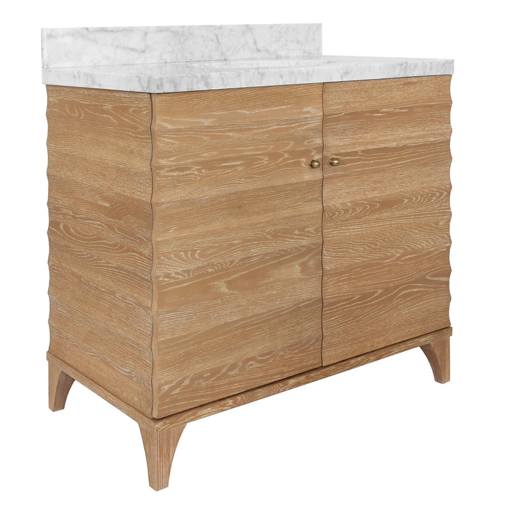 Bath Vanity With Horizontal Fluted Detail In Cerused Oak With White Marble Top, Porcelain Sink, And Polished Brass Knobs - RHODES CO