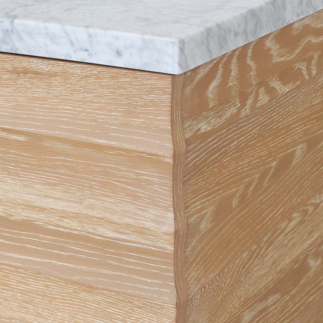 Bath Vanity With Horizontal Fluted Detail In Cerused Oak With White Marble Top, Porcelain Sink, And Polished Brass Knobs - RHODES CO