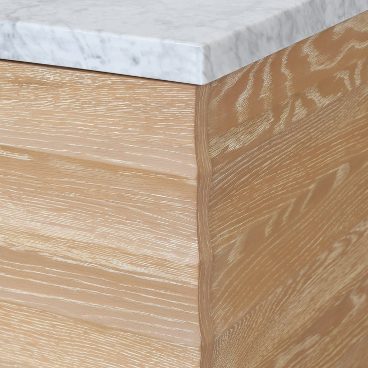 Bath Vanity With Horizontal Fluted Detail In Cerused Oak With White Marble Top, Porcelain Sink, And Polished Brass Knobs - RHODES CO