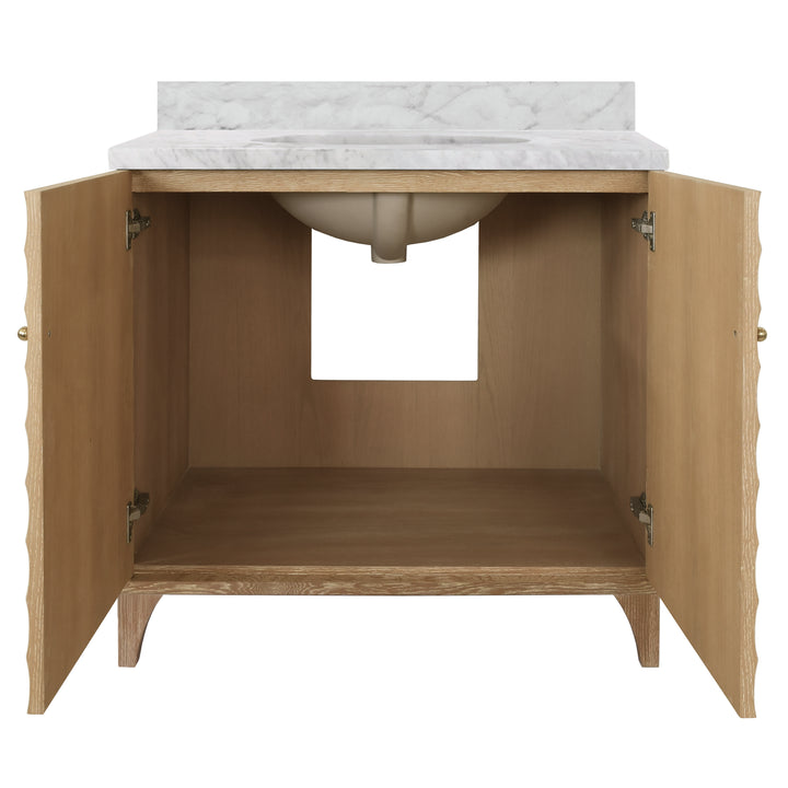 Bath Vanity With Horizontal Fluted Detail In Cerused Oak With White Marble Top, Porcelain Sink, And Polished Brass Knobs - RHODES CO