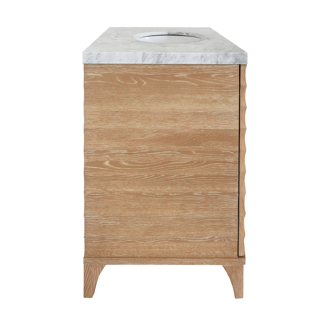 Bath Vanity With Horizontal Fluted Detail In Cerused Oak With White Marble Top, Porcelain Sink, And Polished Brass Knobs - RHODES CO