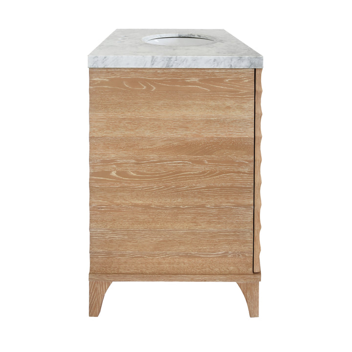 Bath Vanity With Horizontal Fluted Detail In Cerused Oak With White Marble Top, Porcelain Sink, And Polished Brass Knobs - RHODES CO