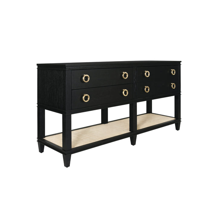 Four Drawer Console With Open Cane Shelf In Black Oak - RICHMOND BO