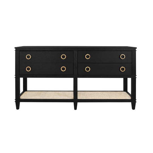 Four Drawer Console With Open Cane Shelf In Black Oak - RICHMOND BO