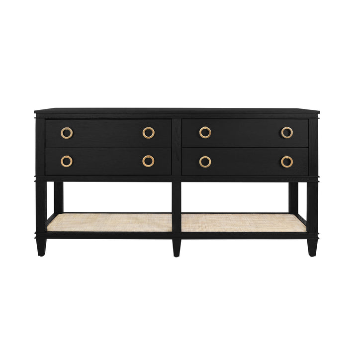 Four Drawer Console With Open Cane Shelf In Black Oak - RICHMOND BO
