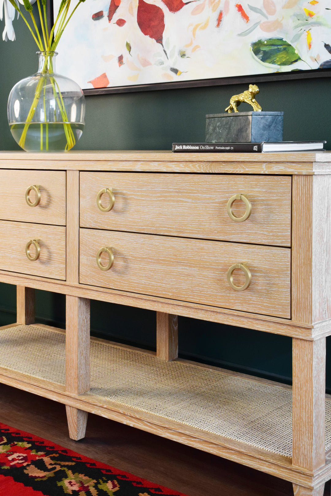 Four Drawer Console With Open Cane Shelf In Cerused Oak - RICHMOND CO