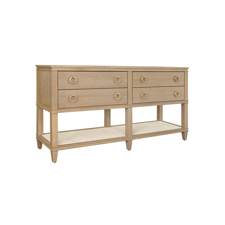 Four Drawer Console With Open Cane Shelf In Cerused Oak - RICHMOND CO