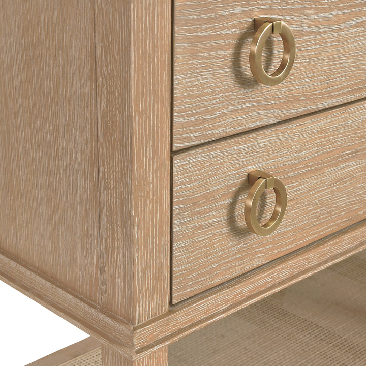 Four Drawer Console With Open Cane Shelf In Cerused Oak - RICHMOND CO