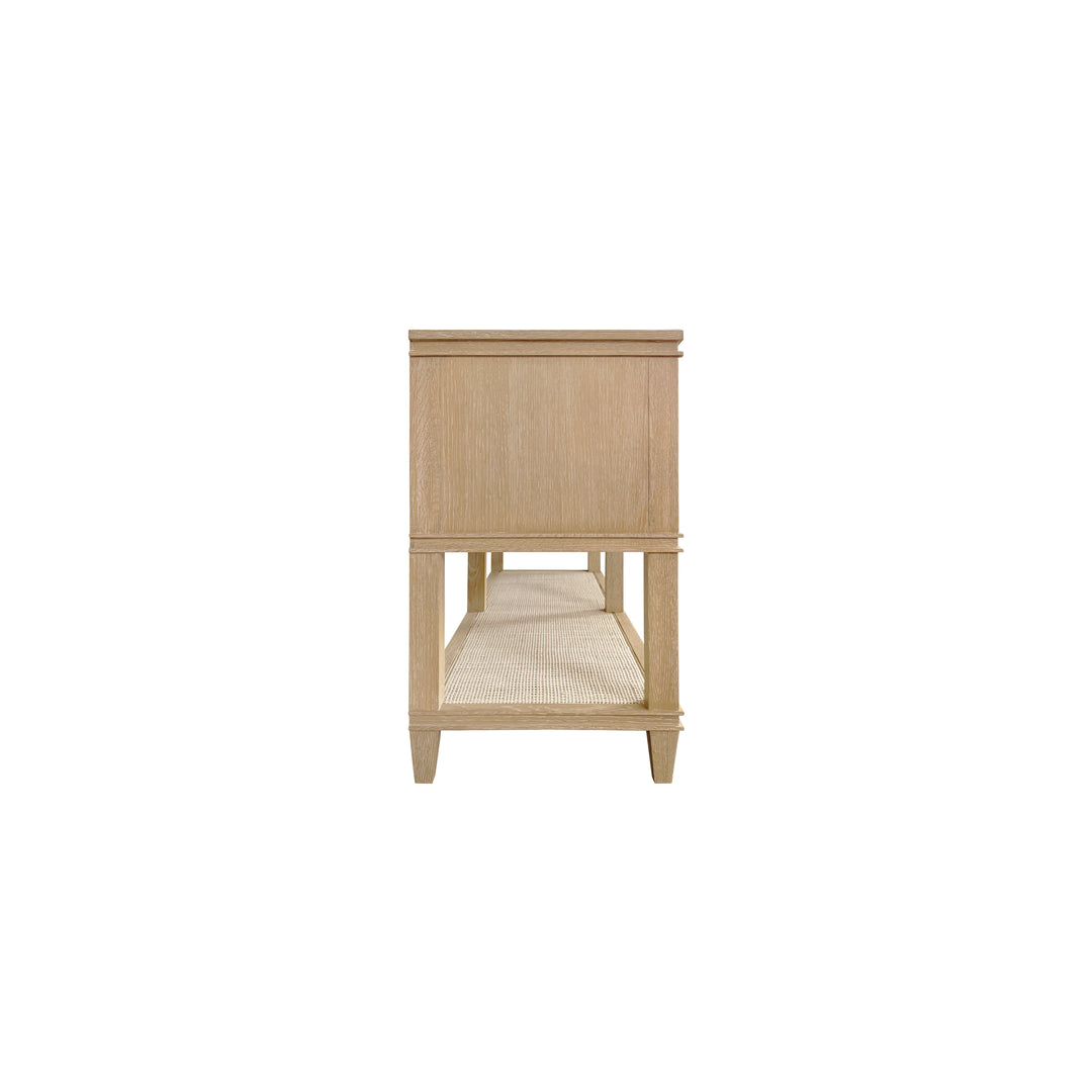 Four Drawer Console With Open Cane Shelf In Cerused Oak - RICHMOND CO