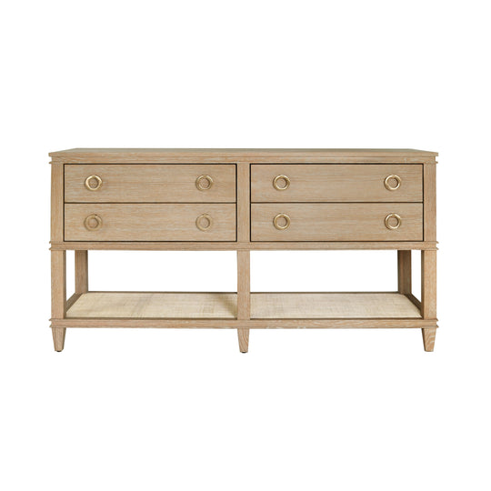 Four Drawer Console With Open Cane Shelf In Cerused Oak - RICHMOND CO