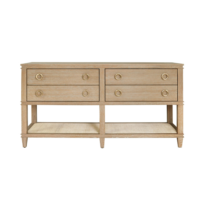 Four Drawer Console With Open Cane Shelf In Cerused Oak - RICHMOND CO
