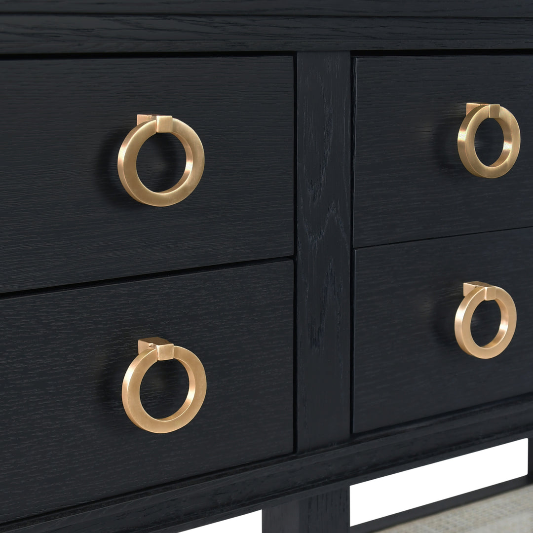 Four Drawer Console With Open Cane Shelf In Black Oak - RICHMOND BO