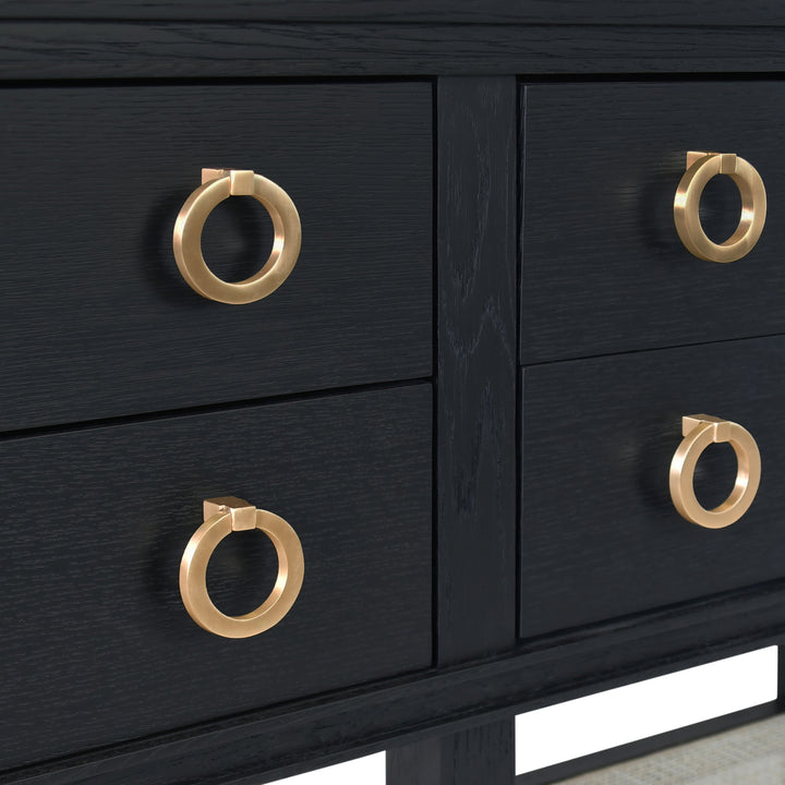 Four Drawer Console With Open Cane Shelf In Black Oak - RICHMOND BO