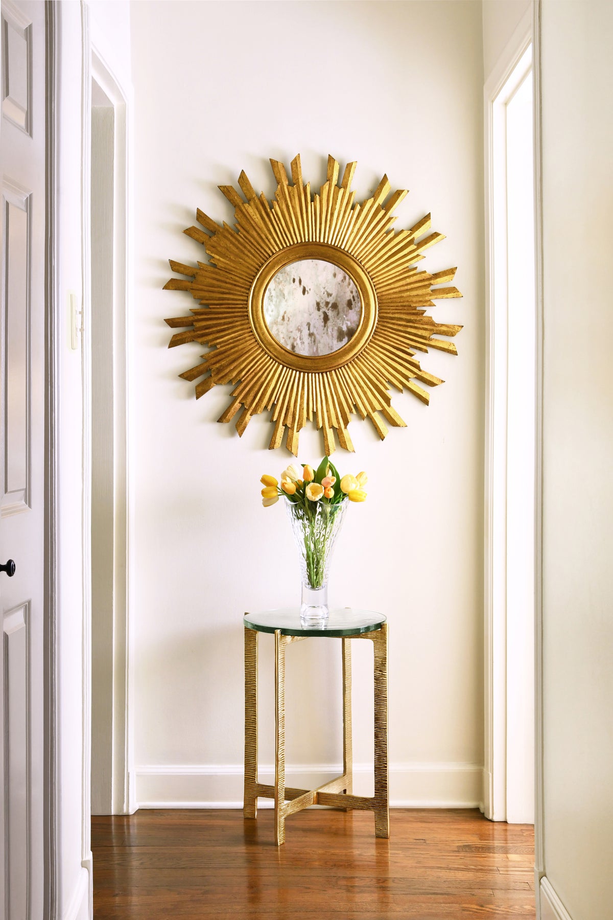 Round Side Table With Hammered Brass Base And Thick Poured Glass Top - RICKY