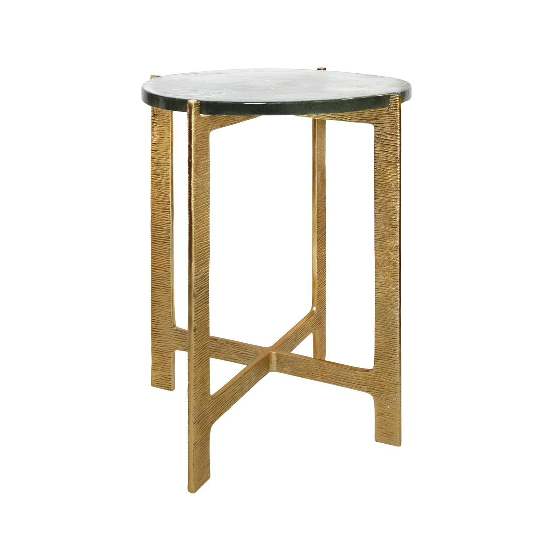 Round Side Table With Hammered Brass Base And Thick Poured Glass Top - RICKY