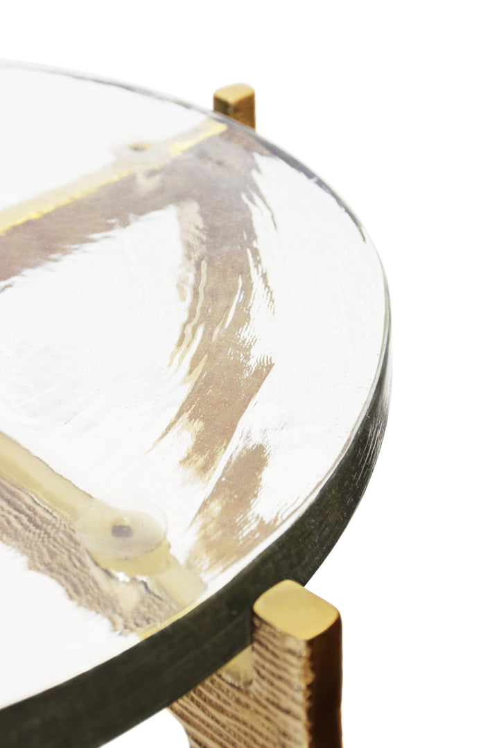 Round Side Table With Hammered Brass Base And Thick Poured Glass Top - RICKY