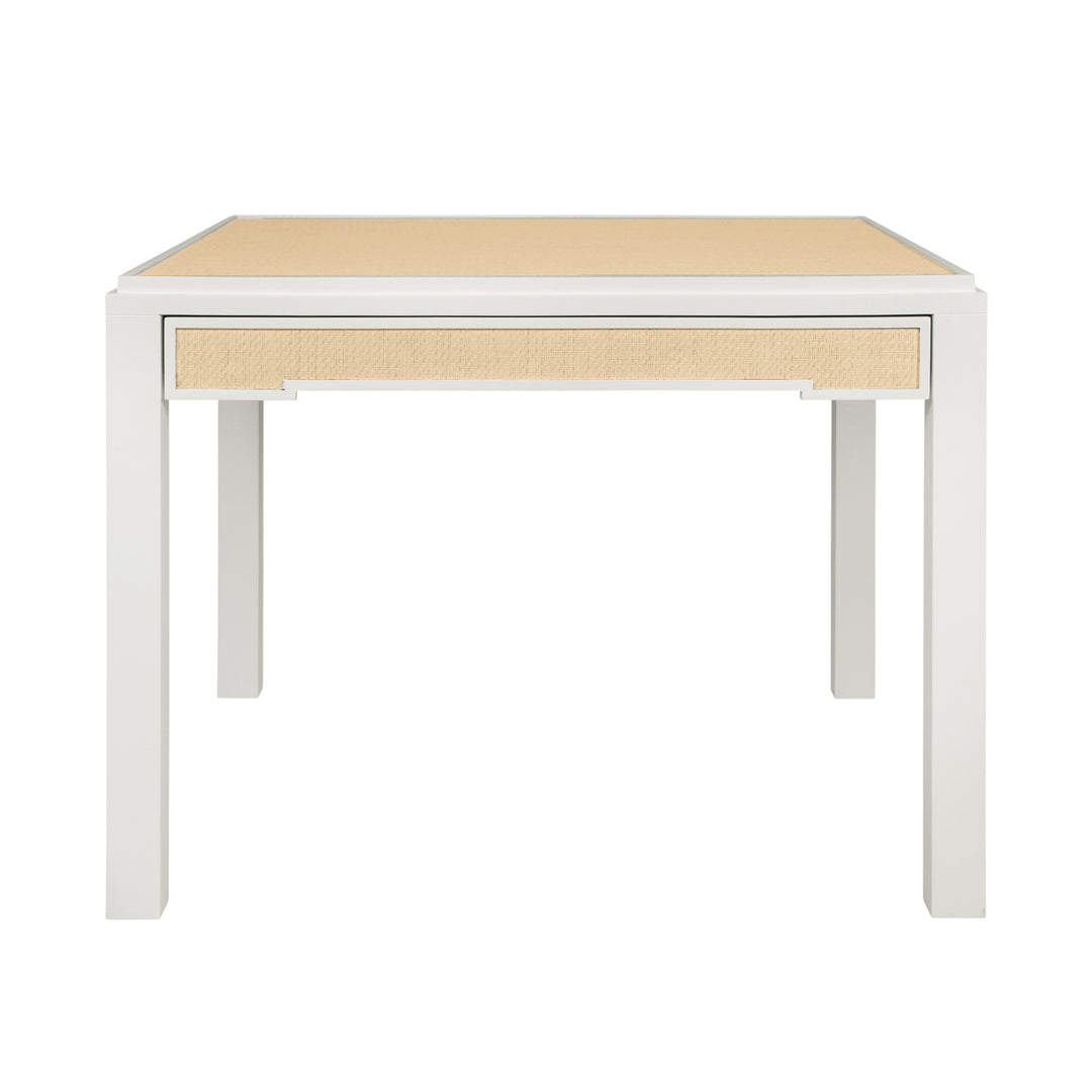 Square Two Drawer Game Table In Matte White Lacquer Frame And Inset Natural Grasscloth - ROBIN NAT