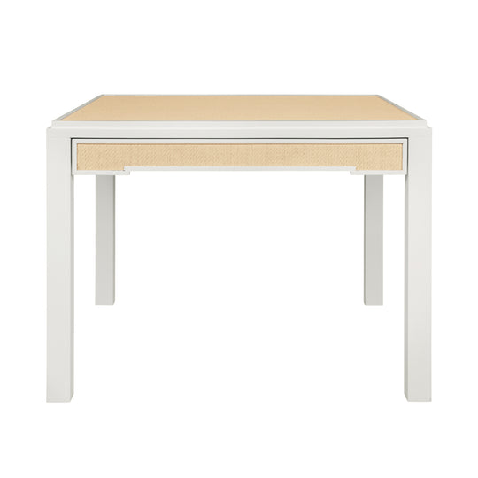 Square Two Drawer Game Table In Matte White Lacquer Frame And Inset Natural Grasscloth - ROBIN NAT