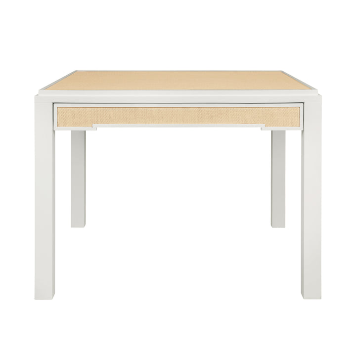 Square Two Drawer Game Table In Matte White Lacquer Frame And Inset Natural Grasscloth - ROBIN NAT
