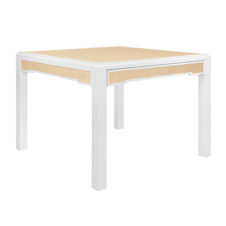 Square Two Drawer Game Table In Matte White Lacquer Frame And Inset Natural Grasscloth - ROBIN NAT
