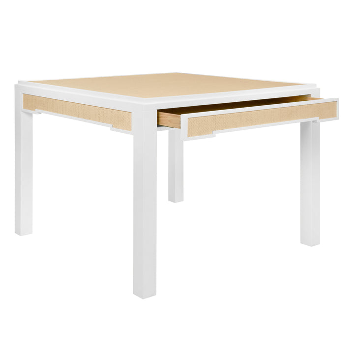Square Two Drawer Game Table In Matte White Lacquer Frame And Inset Natural Grasscloth - ROBIN NAT
