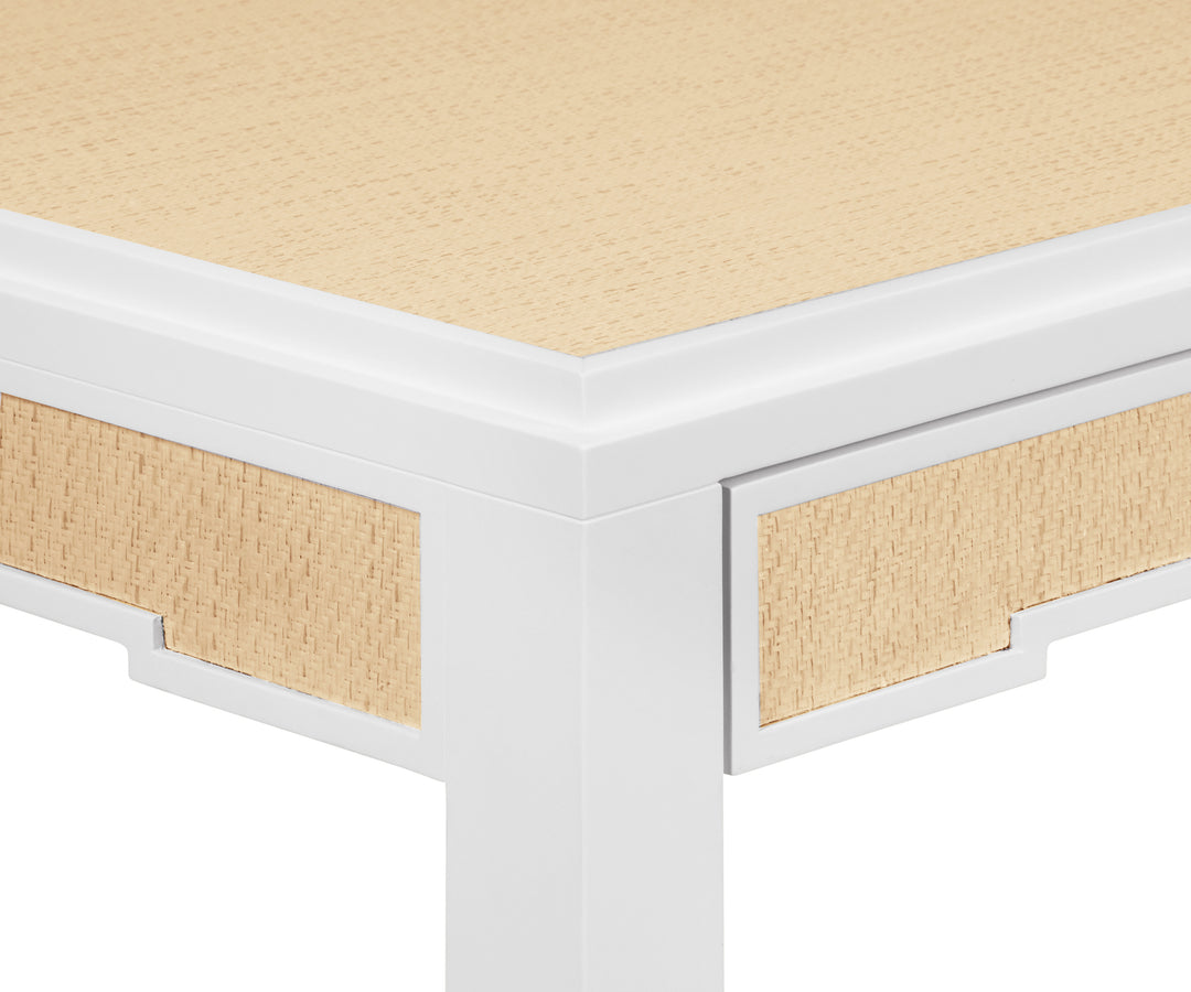 Square Two Drawer Game Table In Matte White Lacquer Frame And Inset Natural Grasscloth - ROBIN NAT
