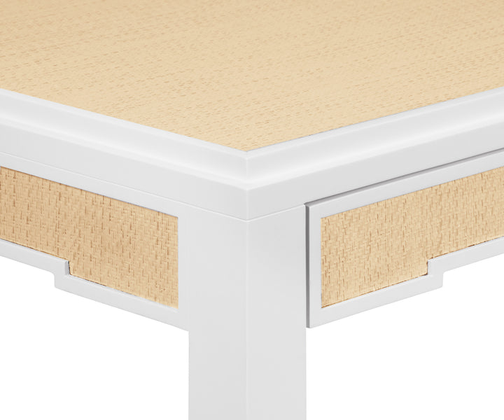 Square Two Drawer Game Table In Matte White Lacquer Frame And Inset Natural Grasscloth - ROBIN NAT