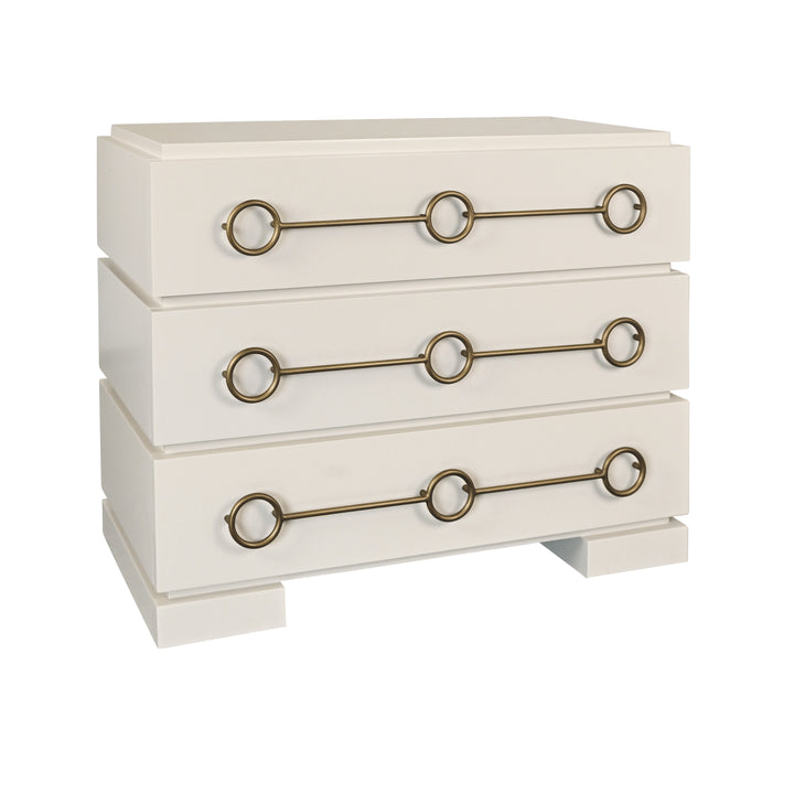 Three Drawer Chest With Antique Brass Connected Circle Hardware In Matte Antique White Lacquer - RODERICK AW