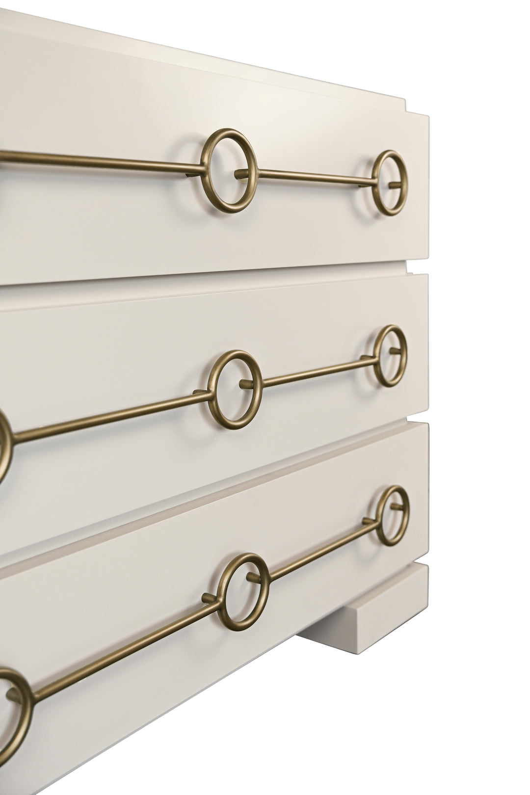 Three Drawer Chest With Antique Brass Connected Circle Hardware In Matte Antique White Lacquer - RODERICK AW