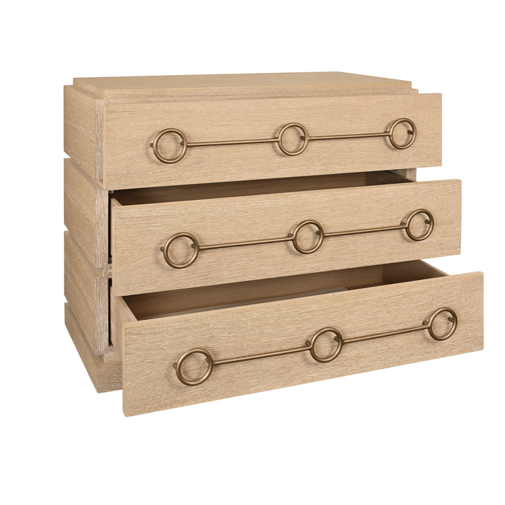 Three Drawer Chest With Antique Brass Connected Circle Hardware In Cerused Oak - RODERICK CO