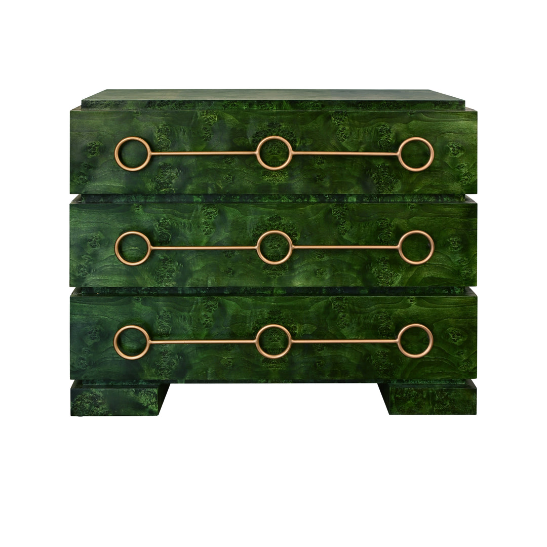 Three Drawer Chest With Antique Brass Connected Circle Hardware In Emerald Burl Wood - RODERICK EBW