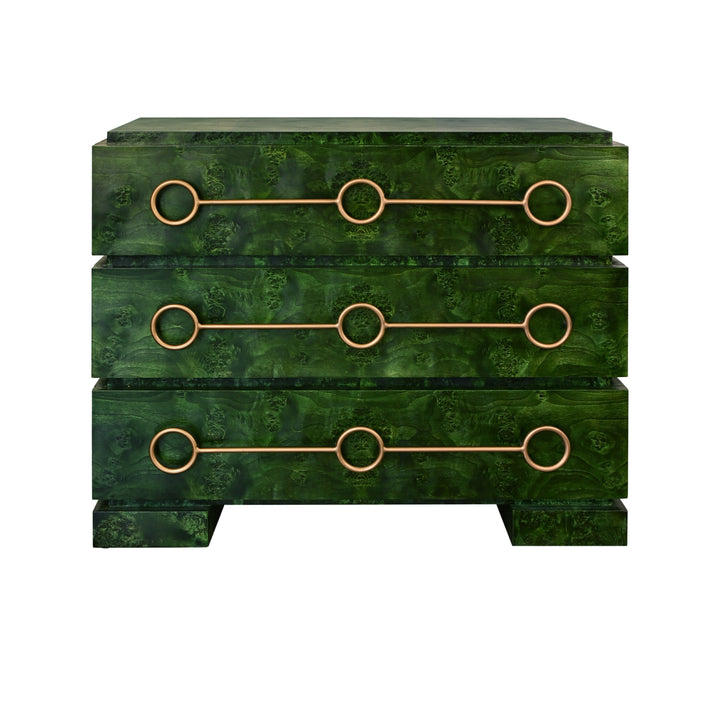 Three Drawer Chest With Antique Brass Connected Circle Hardware In Emerald Burl Wood - RODERICK EBW