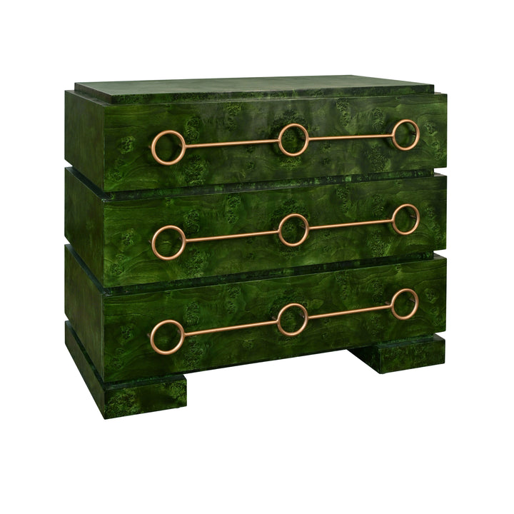 Three Drawer Chest With Antique Brass Connected Circle Hardware In Emerald Burl Wood - RODERICK EBW