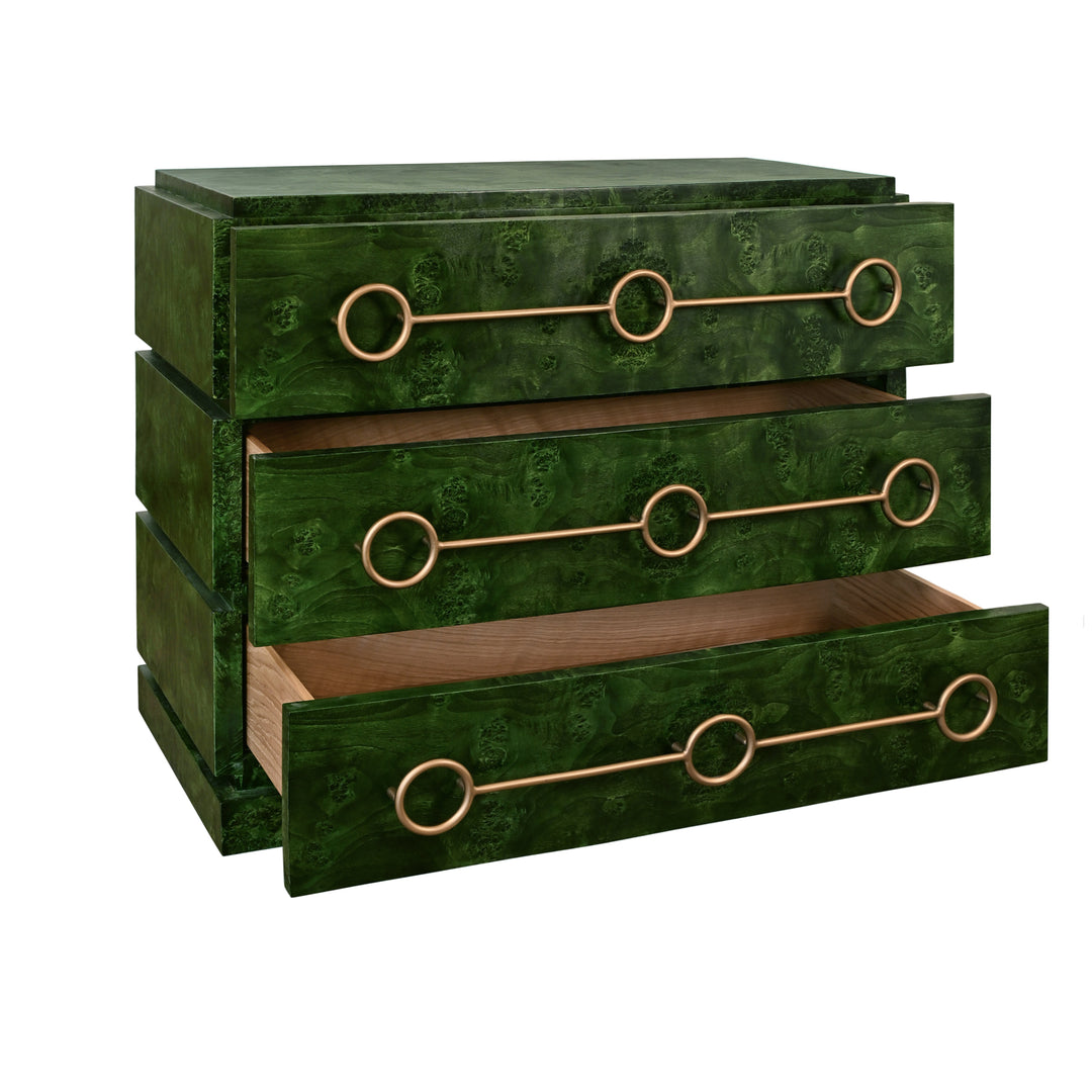 Three Drawer Chest With Antique Brass Connected Circle Hardware In Emerald Burl Wood - RODERICK EBW