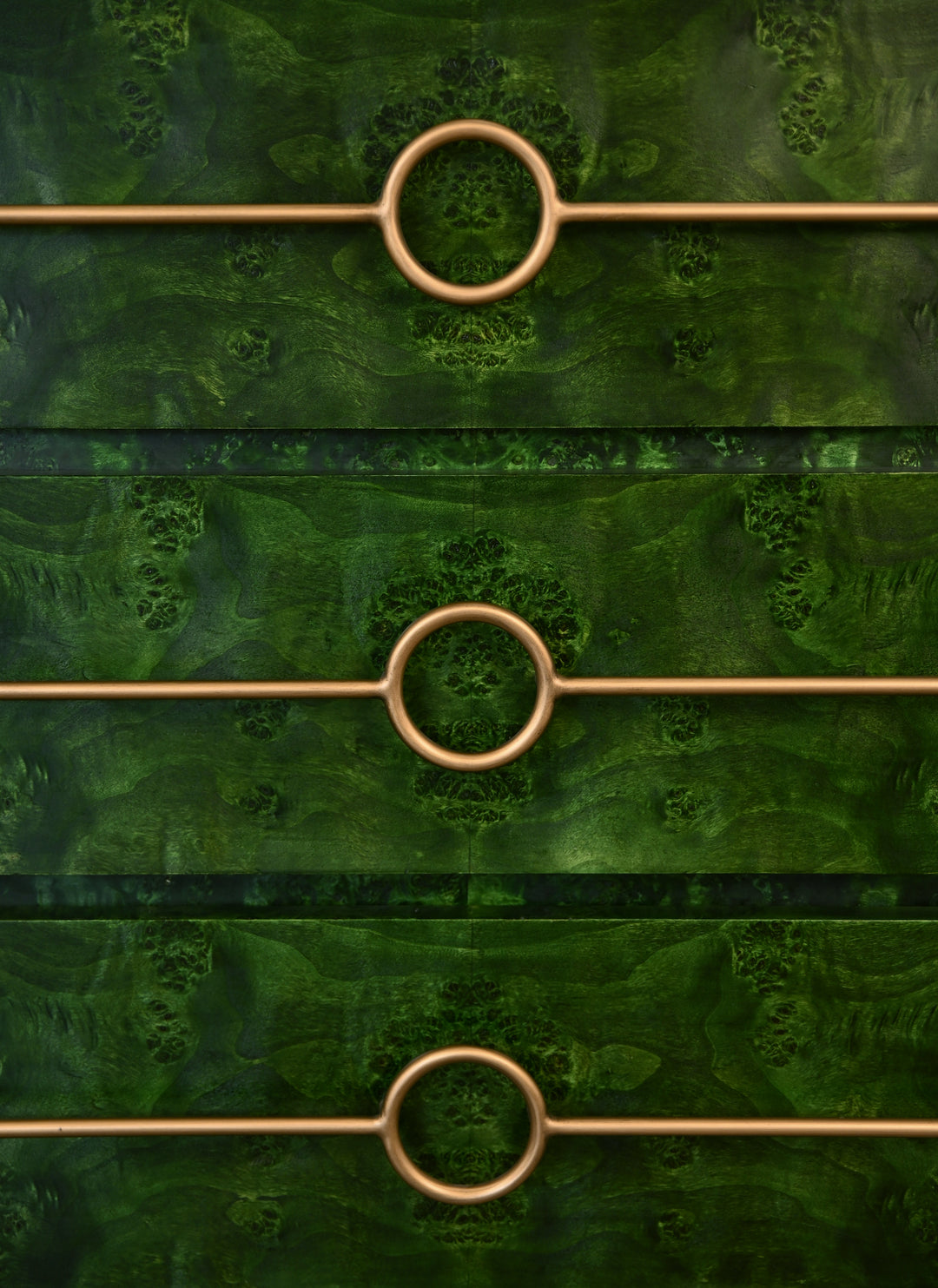 Three Drawer Chest With Antique Brass Connected Circle Hardware In Emerald Burl Wood - RODERICK EBW