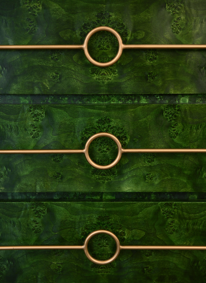 Three Drawer Chest With Antique Brass Connected Circle Hardware In Emerald Burl Wood - RODERICK EBW