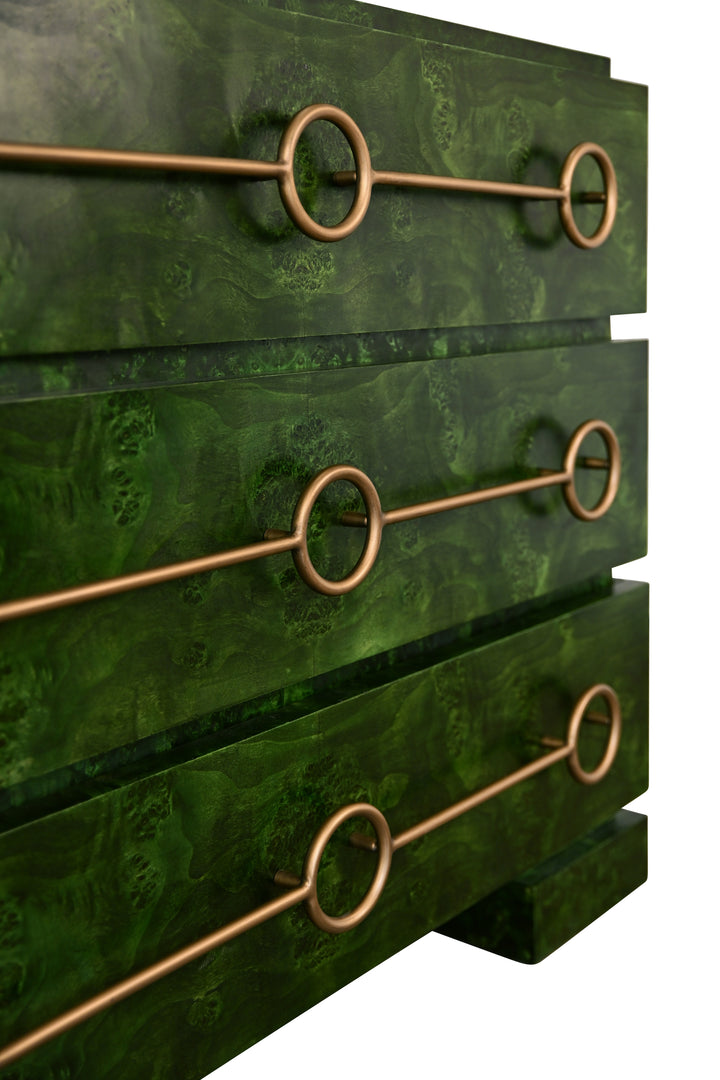 Three Drawer Chest With Antique Brass Connected Circle Hardware In Emerald Burl Wood - RODERICK EBW