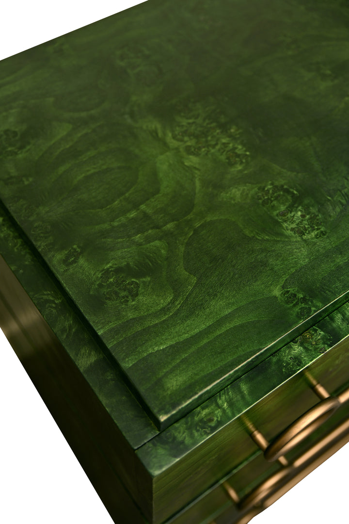 Three Drawer Chest With Antique Brass Connected Circle Hardware In Emerald Burl Wood - RODERICK EBW