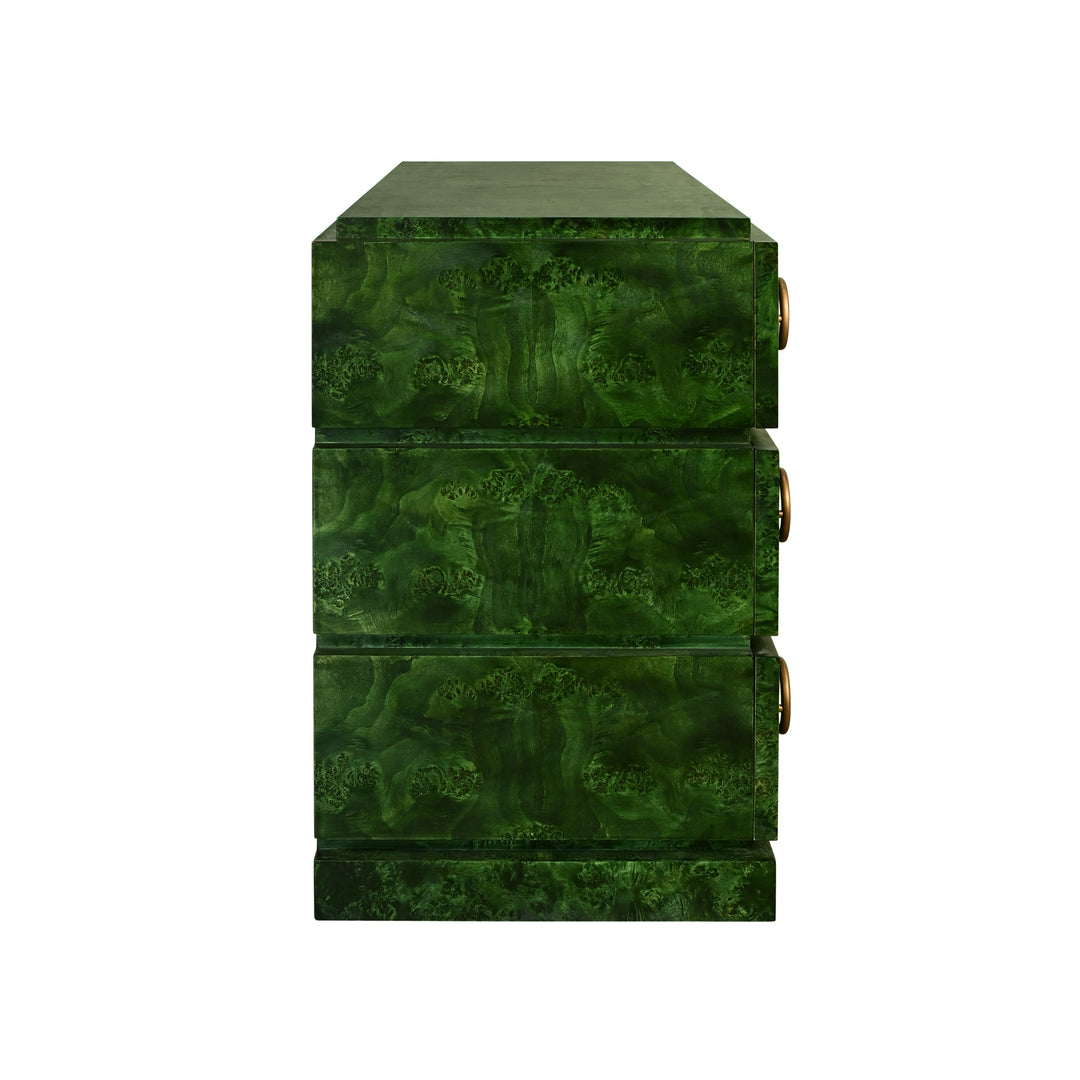 Three Drawer Chest With Antique Brass Connected Circle Hardware In Emerald Burl Wood - RODERICK EBW