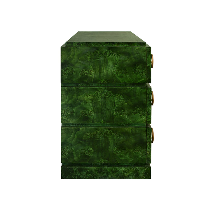 Three Drawer Chest With Antique Brass Connected Circle Hardware In Emerald Burl Wood - RODERICK EBW