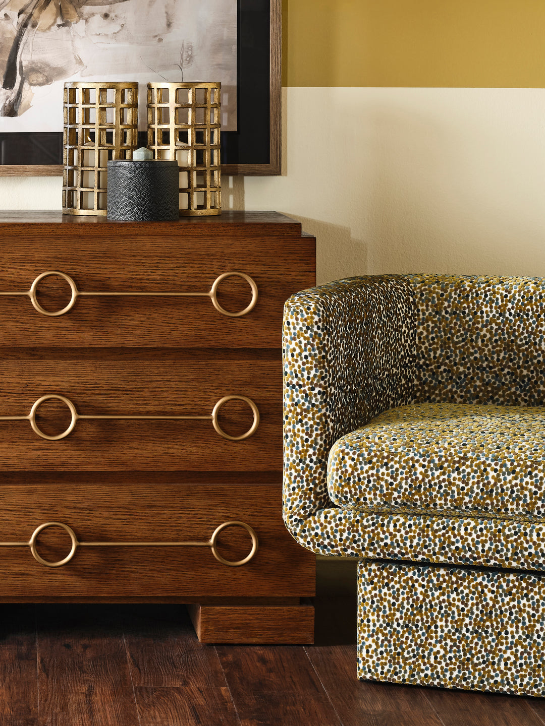 Three Drawer Chest With Antique Brass Connected Circle Hardware In Provincial Brown Oak - RODERICK PBO