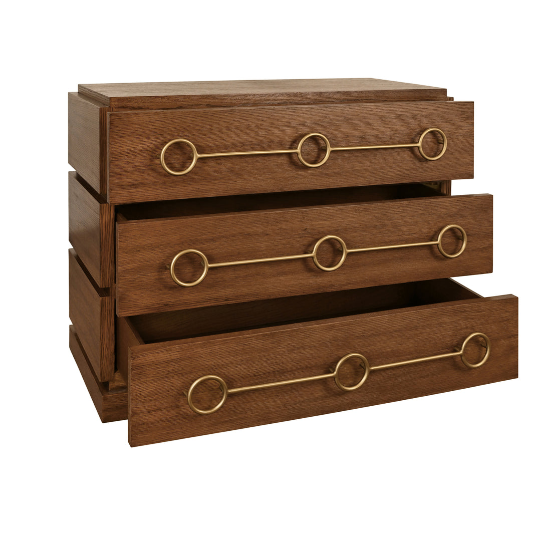Three Drawer Chest With Antique Brass Connected Circle Hardware In Provincial Brown Oak - RODERICK PBO