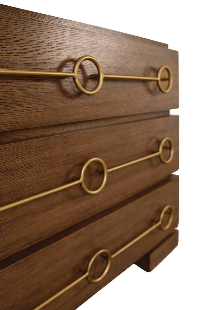 Three Drawer Chest With Antique Brass Connected Circle Hardware In Provincial Brown Oak - RODERICK PBO