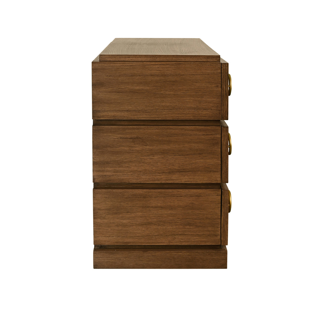 Three Drawer Chest With Antique Brass Connected Circle Hardware In Provincial Brown Oak - RODERICK PBO