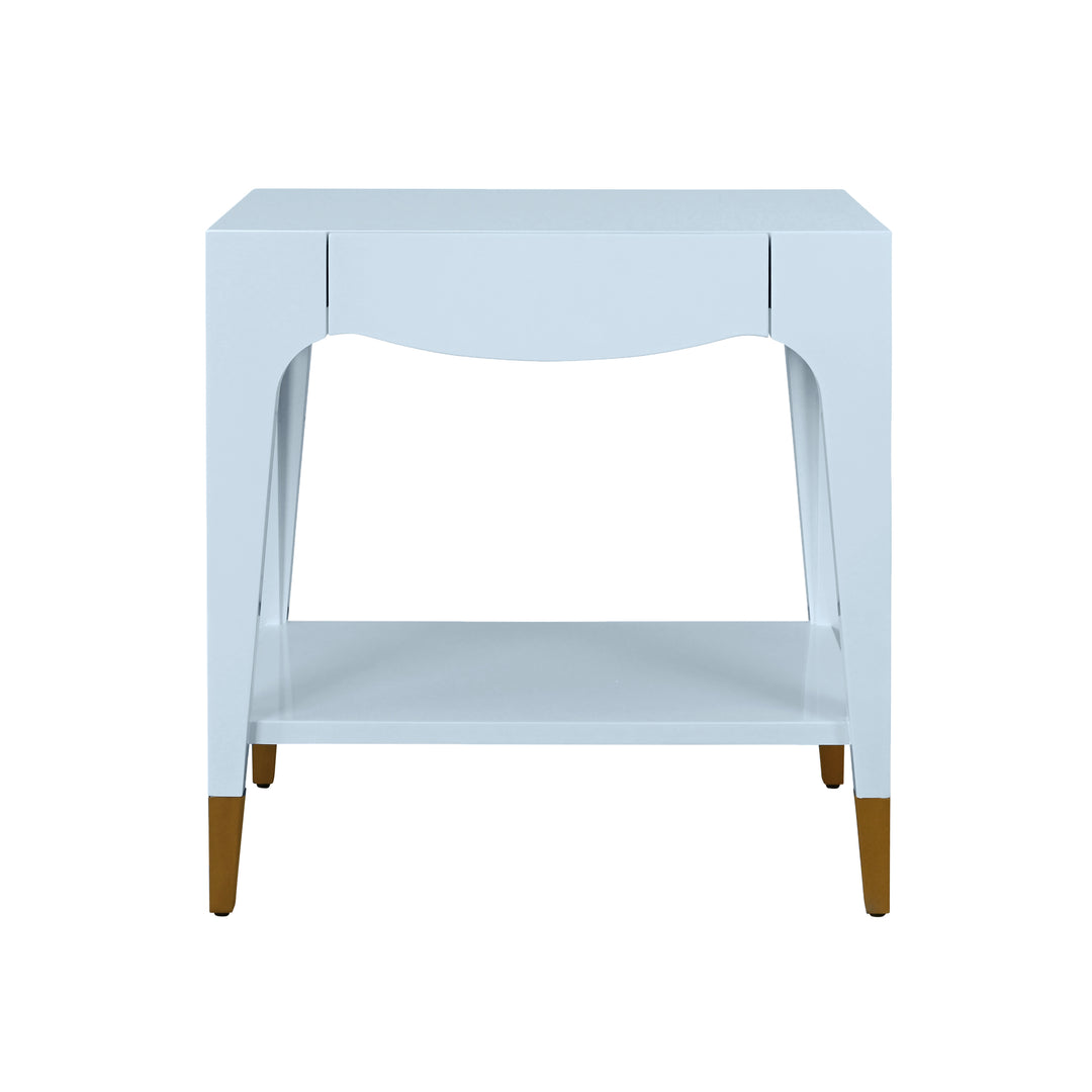 Tapered Leg One Drawer Side Table With Antique Brass Foot Caps In Light Blue Lacquer - RONNY LB