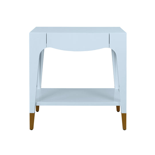Tapered Leg One Drawer Side Table With Antique Brass Foot Caps In Light Blue Lacquer - RONNY LB