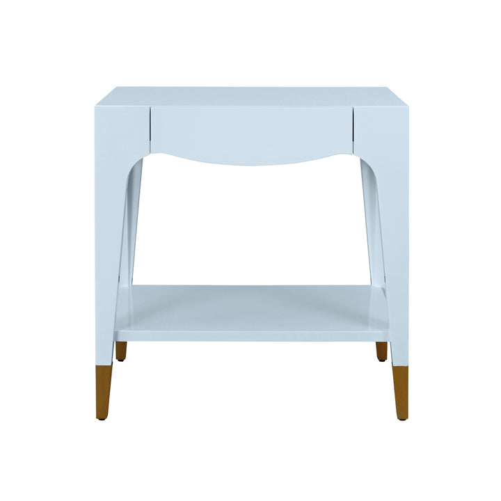 Tapered Leg One Drawer Side Table With Antique Brass Foot Caps In Light Blue Lacquer - RONNY LB