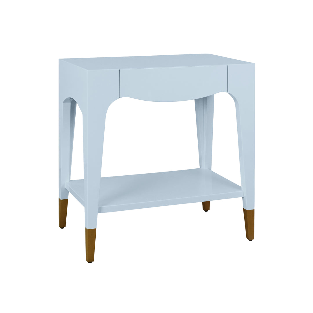Tapered Leg One Drawer Side Table With Antique Brass Foot Caps In Light Blue Lacquer - RONNY LB