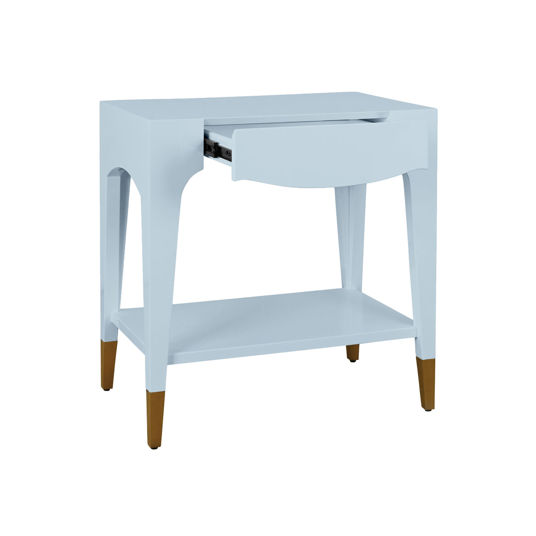 Tapered Leg One Drawer Side Table With Antique Brass Foot Caps In Light Blue Lacquer - RONNY LB